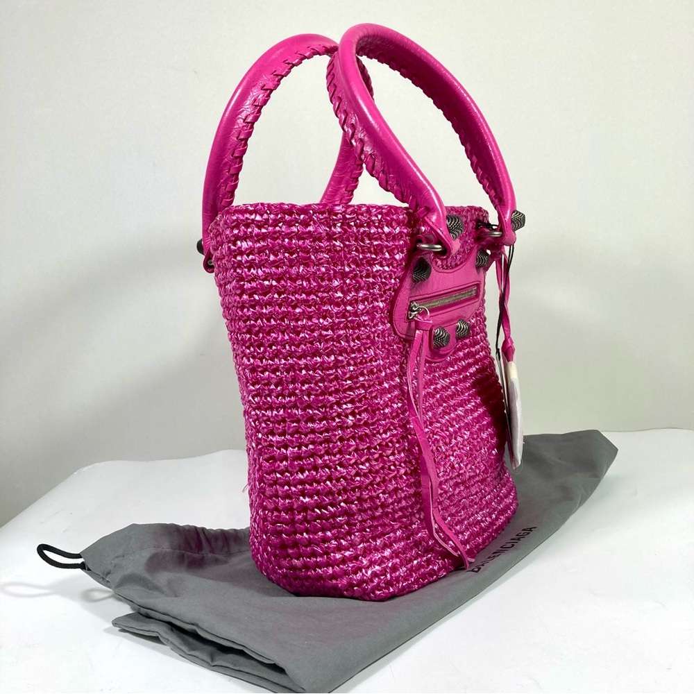 Balenciaga Small Le Cagole Nylon Raffia Tote Pink NWT - Picture 16 of 17